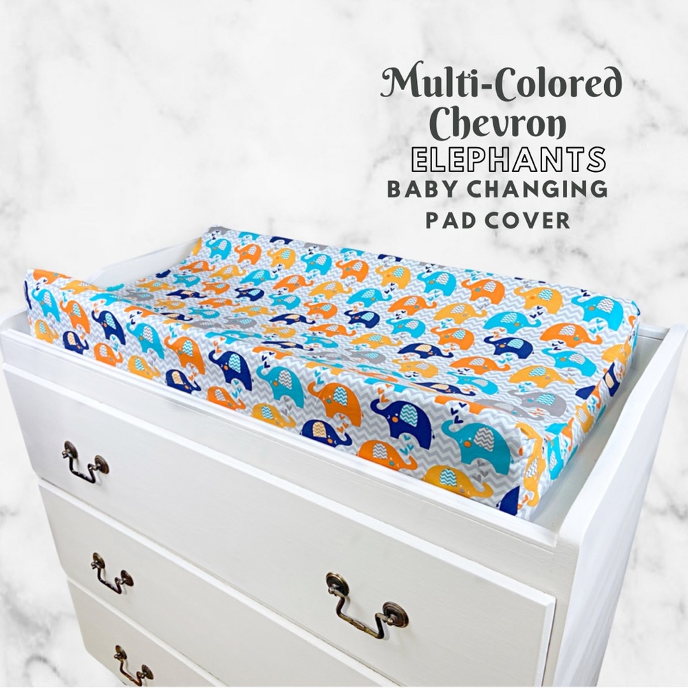 Handmade Elephant Baby Changing Pad Cover - Orange & Blue Nursery Decor